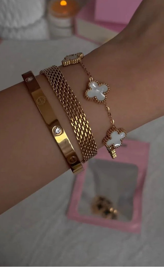 Cartier Love Bangle With Rowena & White Clover Bracelet Stack Trio Set