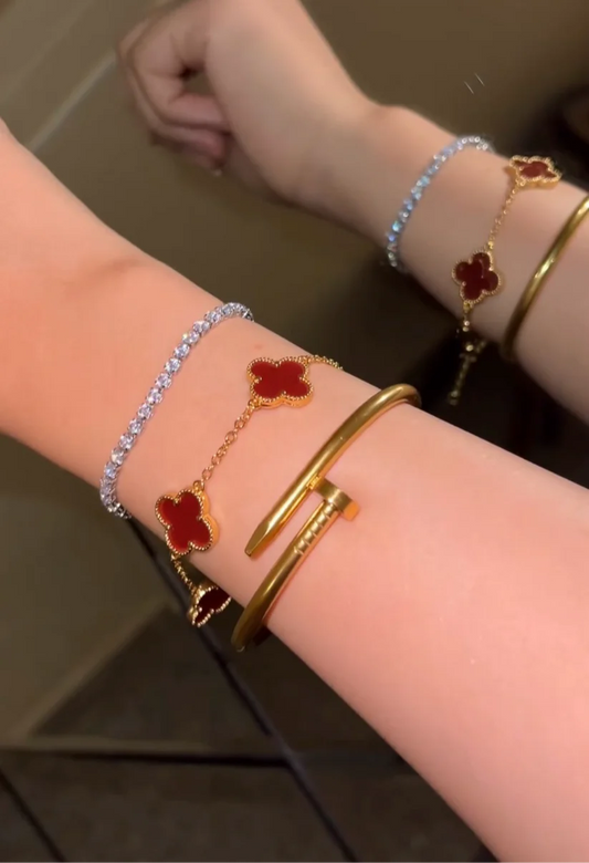 Cartier Nail Bangle With Red Clover & Silver Tennis Bracelet