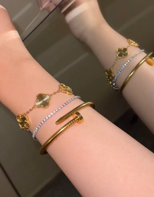 Cartier Nail Bangle With Golden Clover & Silver Tennis Bracelet