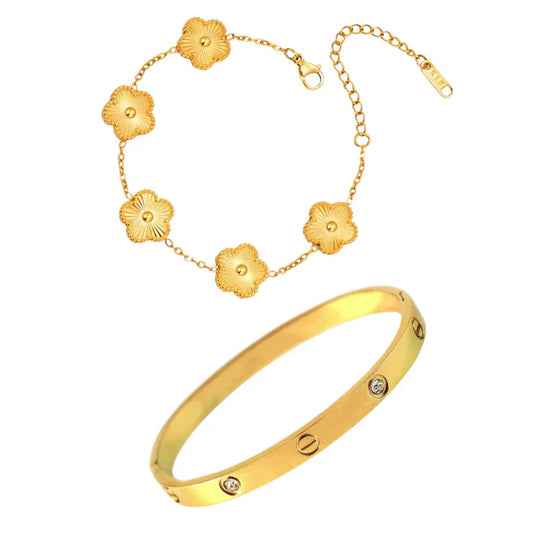 Cartier Diamond Love Bangle with Golden Clover Bracelet Stack Set